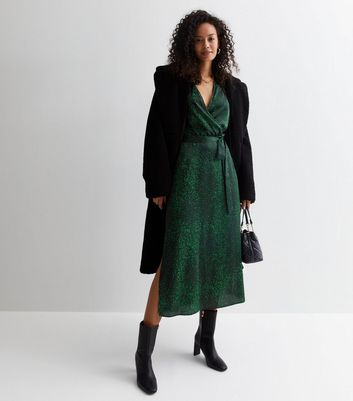 Tall Dark Green Animal Print Satin Midaxi Wrap Dress New Look