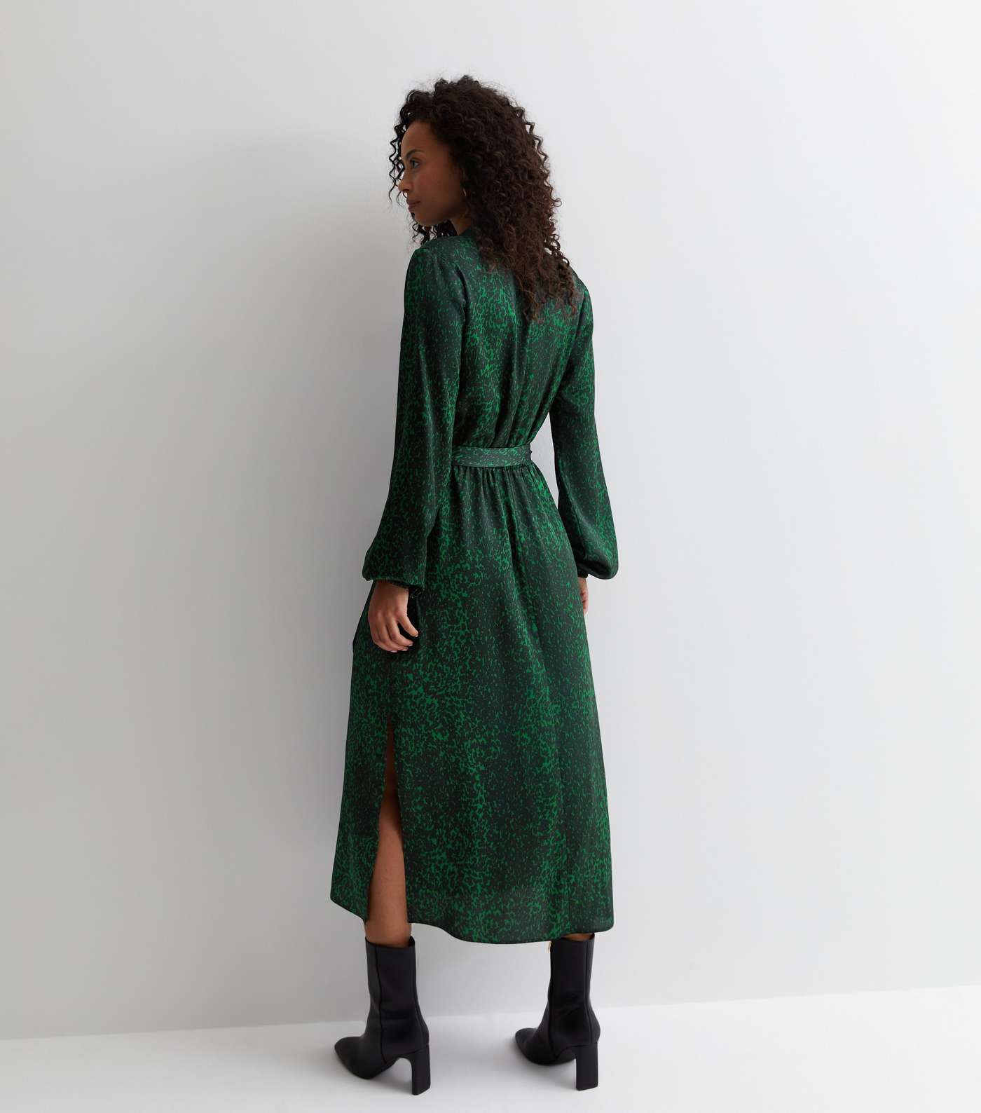 Tall Dark Green Animal Print Satin Midaxi Wrap Dress Image 4
