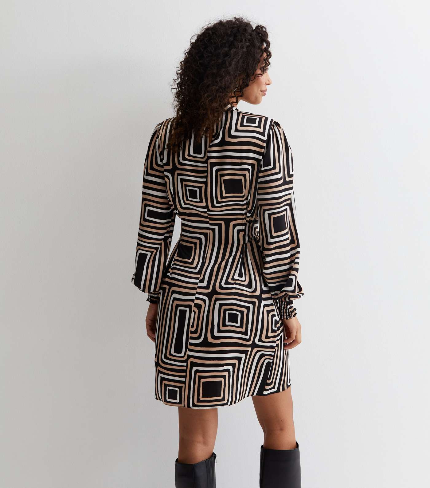 Tall Brown Square Print High Neck Belted Mini Dress Image 4