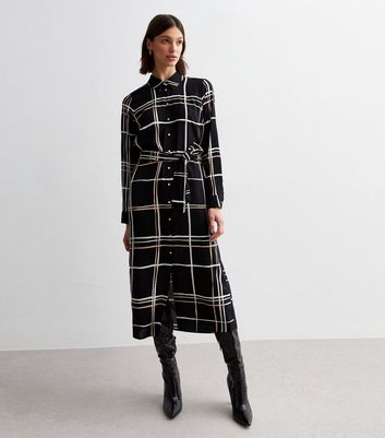 Black Check Print Belted Midi Shirt Dress | New Look