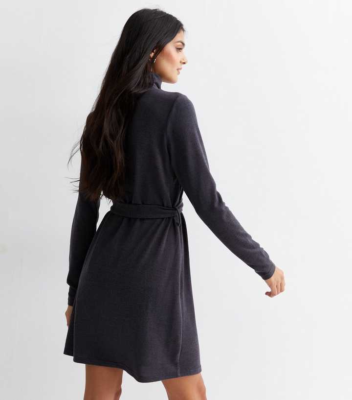 Dark Grey High Neck Belted Mini Tunic Dress | New Look