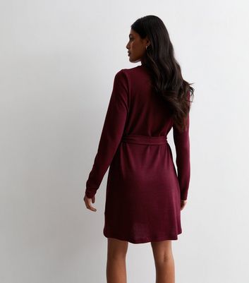 Burgundy High Neck Belted Mini Tunic Dress New Look