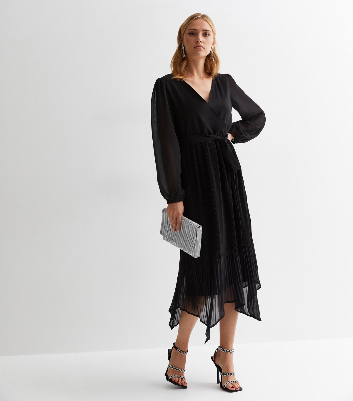 Women's Black Pleated Hanky Hem Wrap Midi Dress Gini London New Look