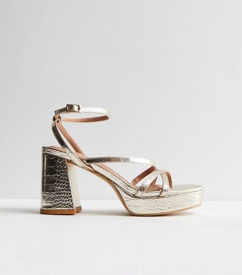 Gold Faux Croc Platform Block Heel Sandals