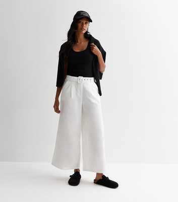 Gini London White Linen-Look Belted Wide Leg Trousers