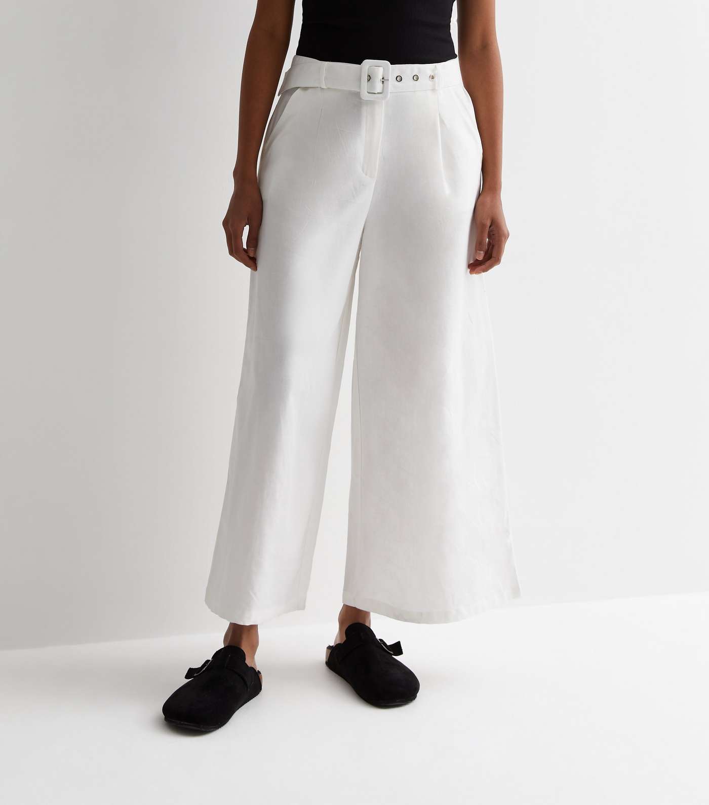 Gini London White Linen-Look Belted Wide Leg Trousers Image 3