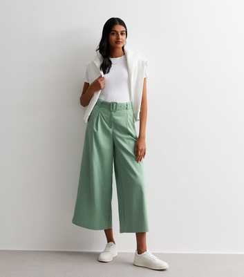 Gini London Green Linen-Look Belted Wide Leg Trousers