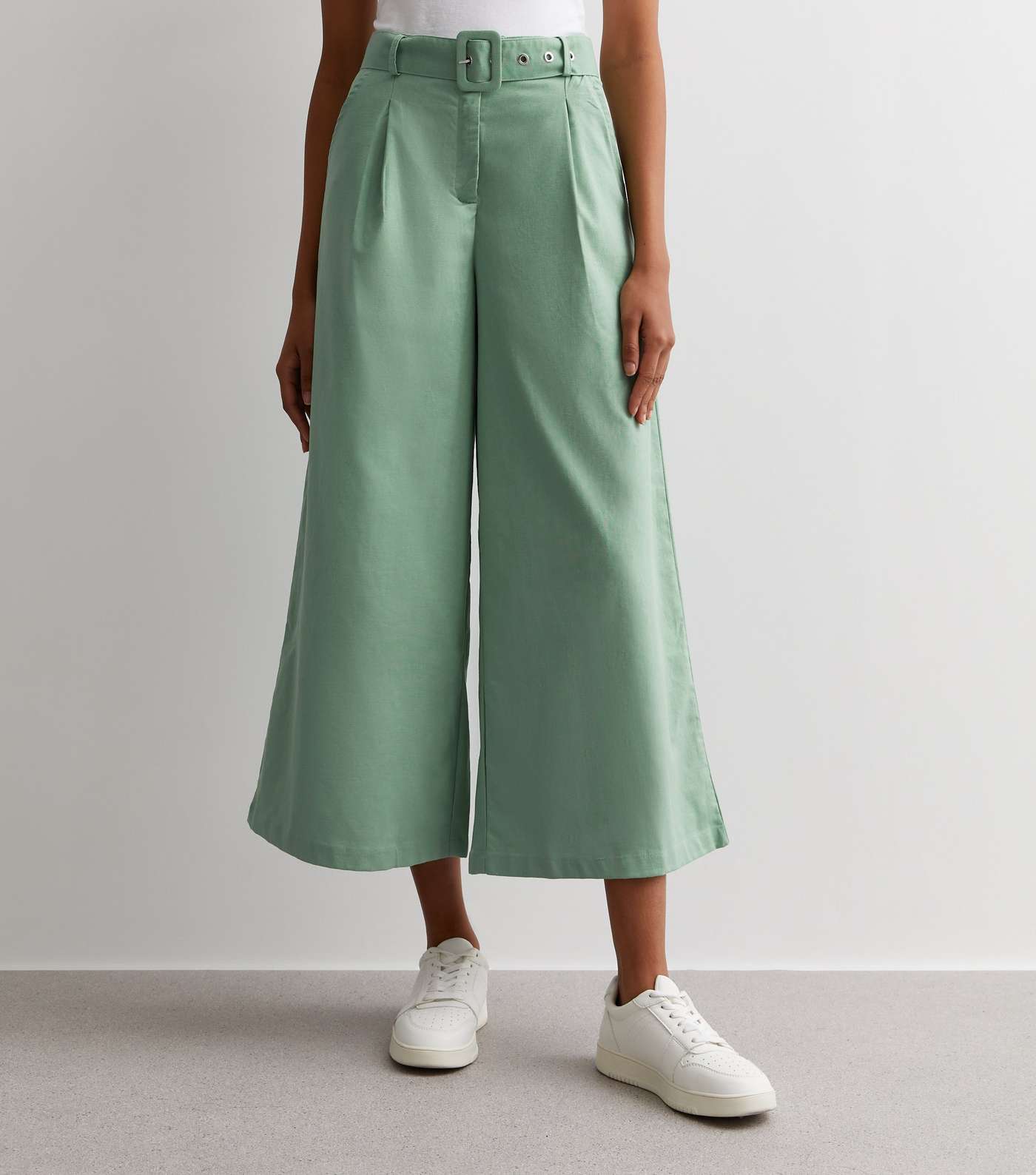 Gini London Green Linen-Look Belted Wide Leg Trousers Image 3