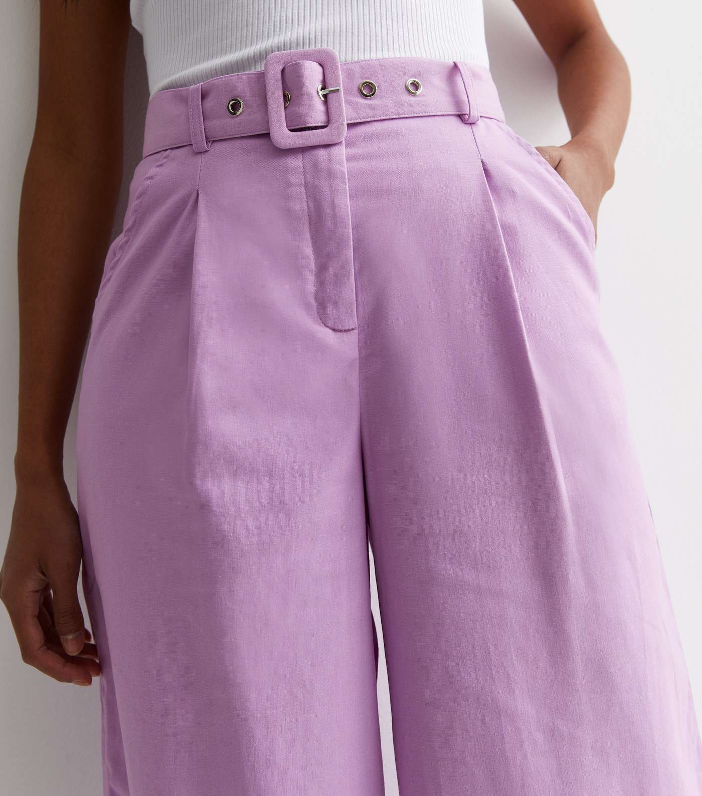 Gini London Lilac Linen-Look Belted Wide Leg Trousers Image 2