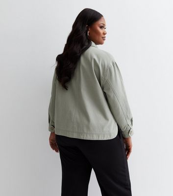 Curves Olive Cotton Cropped Shacket New Look