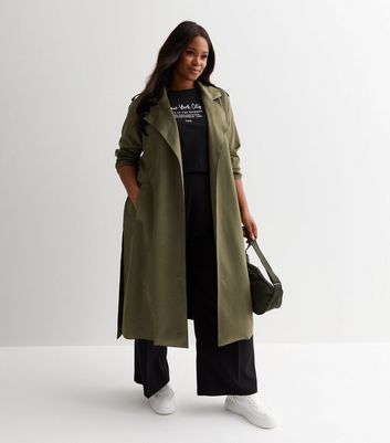 Curves Khaki Suedette Duster Coat New Look