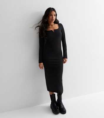 Petite Black Ribbed Jersey Long Sleeve Midi Dress