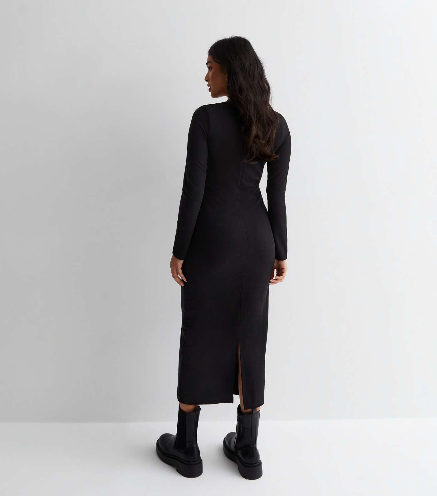 Petite Black Ribbed Jersey Long Sleeve Midi Dress Image 4