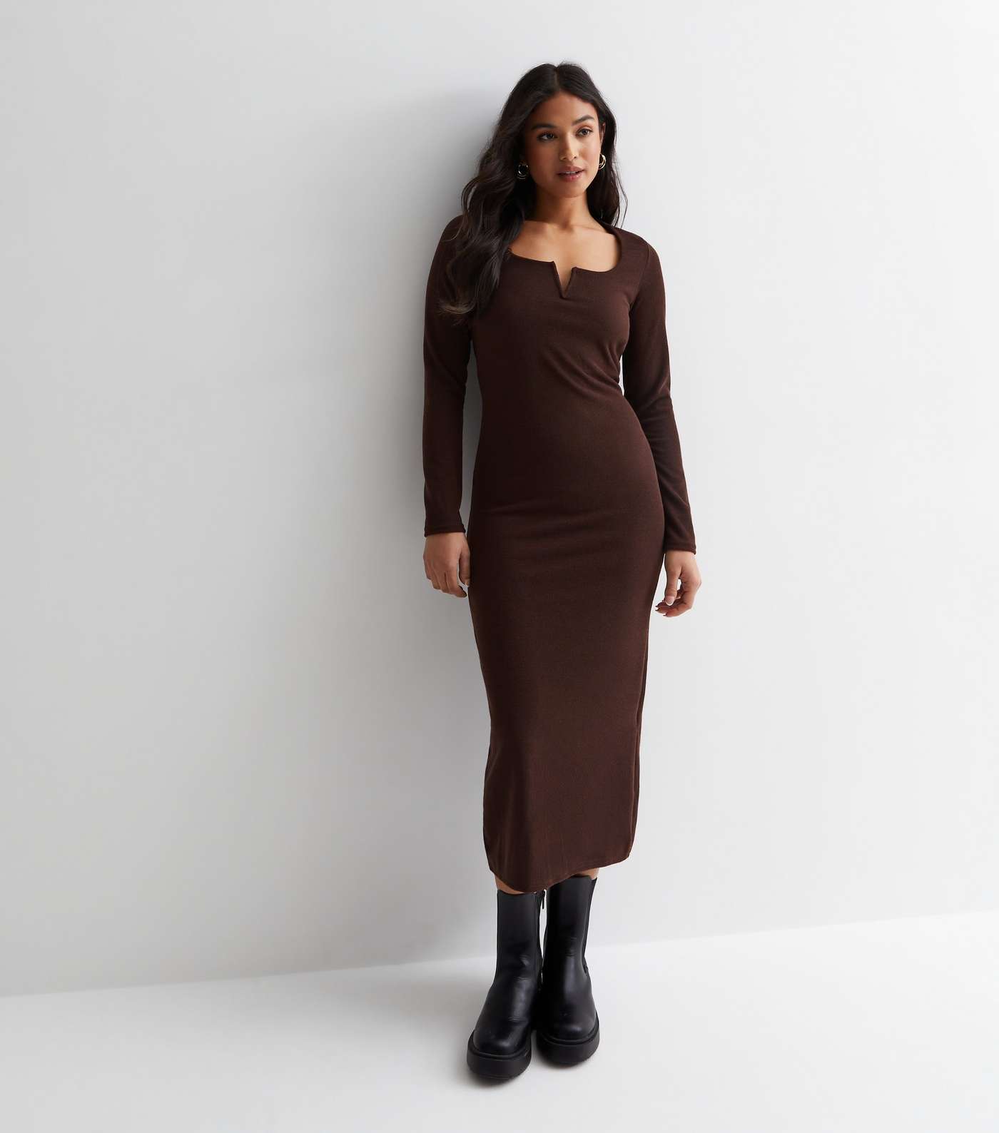 Petite Dark Brown Ribbed Jersey Long Sleeve Midaxi Dress Image 3