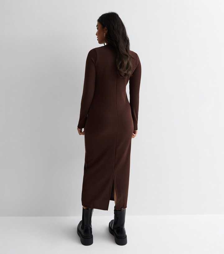 Petite Dark Brown Ribbed Jersey Long Sleeve Midaxi Dress | New Look