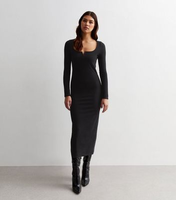 Tall Black Ribbed V Neck Long Sleeve Midi Dress New Look