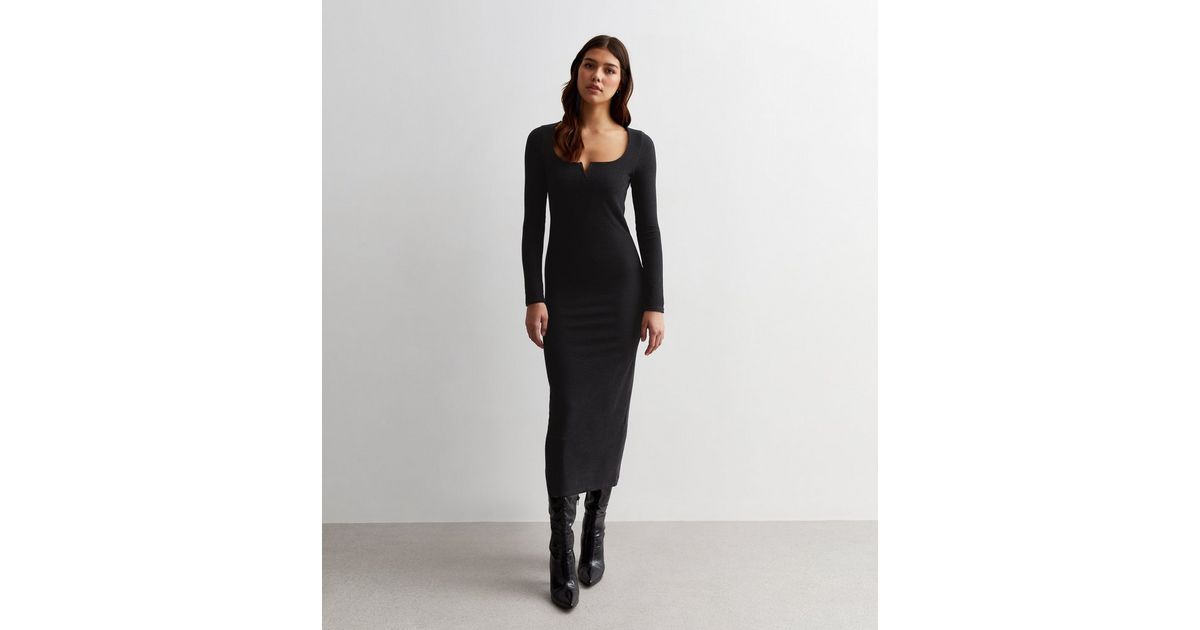 Tall Black Ribbed V Neck Long Sleeve Midi Dress New Look