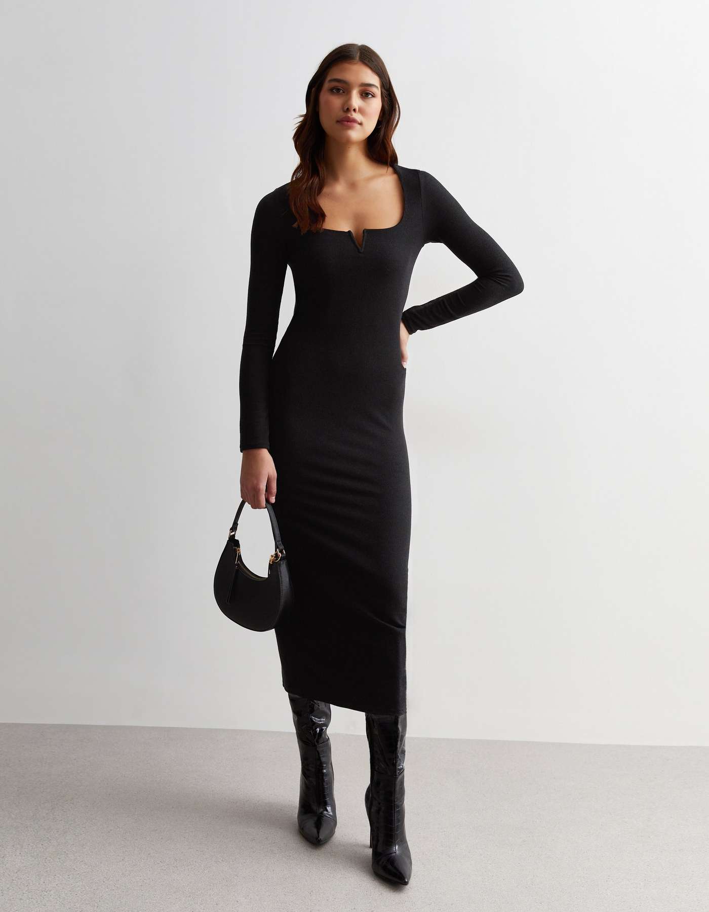 Tall Black Ribbed V Neck Long Sleeve Midi Dress Image 3