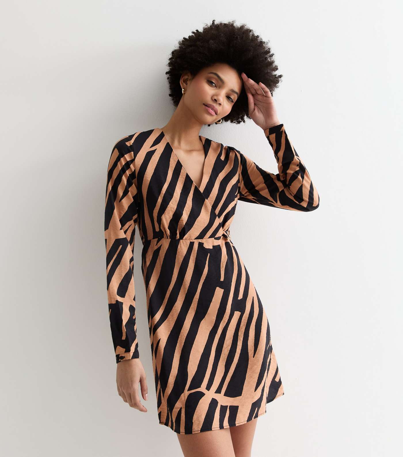 Tall Brown Stripe Buckle Wrap Mini Dress Image 3