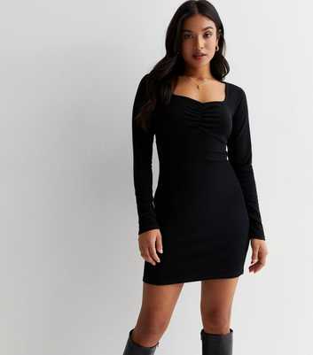 Petite Black Ribbed Ruched Front Bodycon Mini Dress