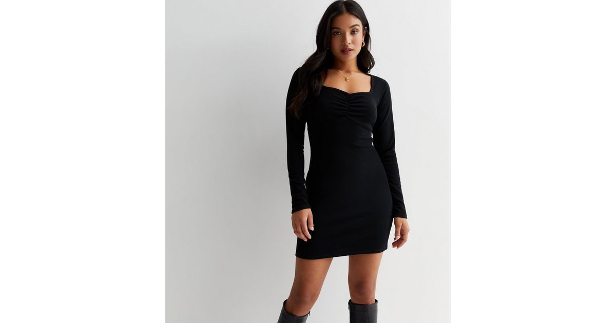 Petite Black Ribbed Ruched Front Bodycon Mini Dress | New Look
