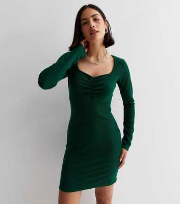 Dark Green Ribbed Ruched Front Bodycon Mini Dress