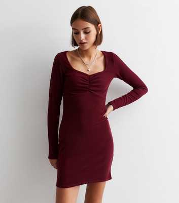 Burgundy Ribbed Ruched Front Bodycon Mini Dress