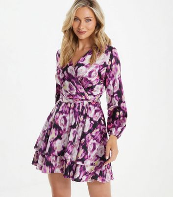 QUIZ Purple Floral Long Sleeve Wrap Mini Dress New Look