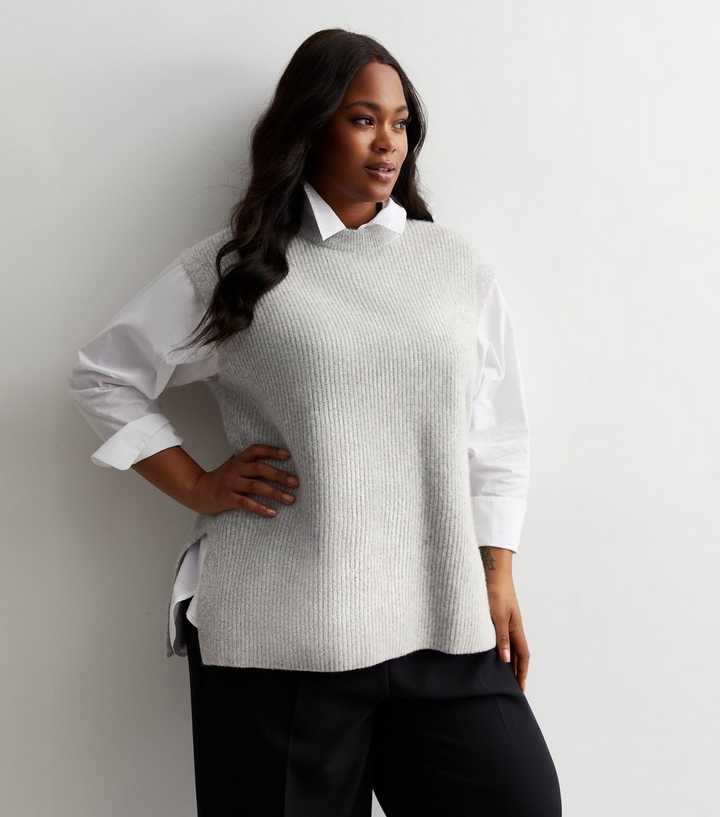 Curves Pale Grey Knit Split Hem Vest