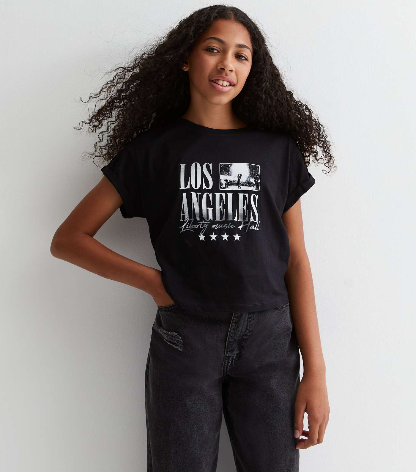 Girls Black Cotton Los Angeles Photographic Logo T-Shirt Image 2