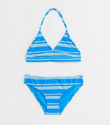 Girls Blue Stripe Textured Triangle Bikini Set New Look