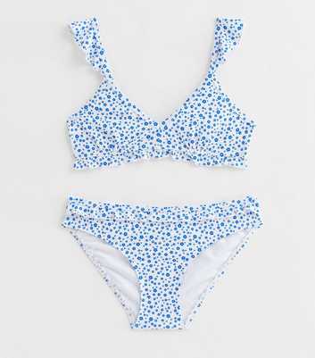 Girls White Ditsy Floral Frill Triangle Bikini Set