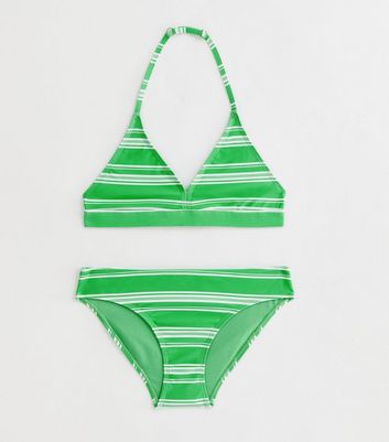 Girls Green Stripe Triangle Bikini Set New Look