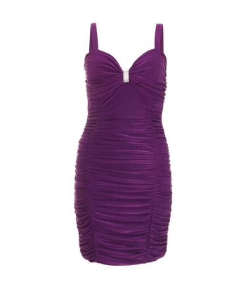 QUIZ Dark Purple Ruched Strappy Mini Dress New Look