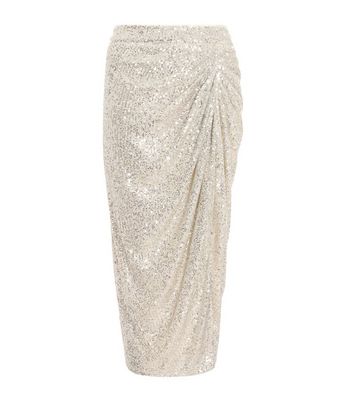 QUIZ Cream Sequin Split Front Midi Skirt New Look