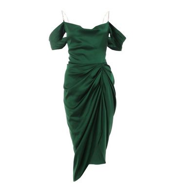QUIZ Green Satin Cold Shoulder Ruched Midi Dress New Look