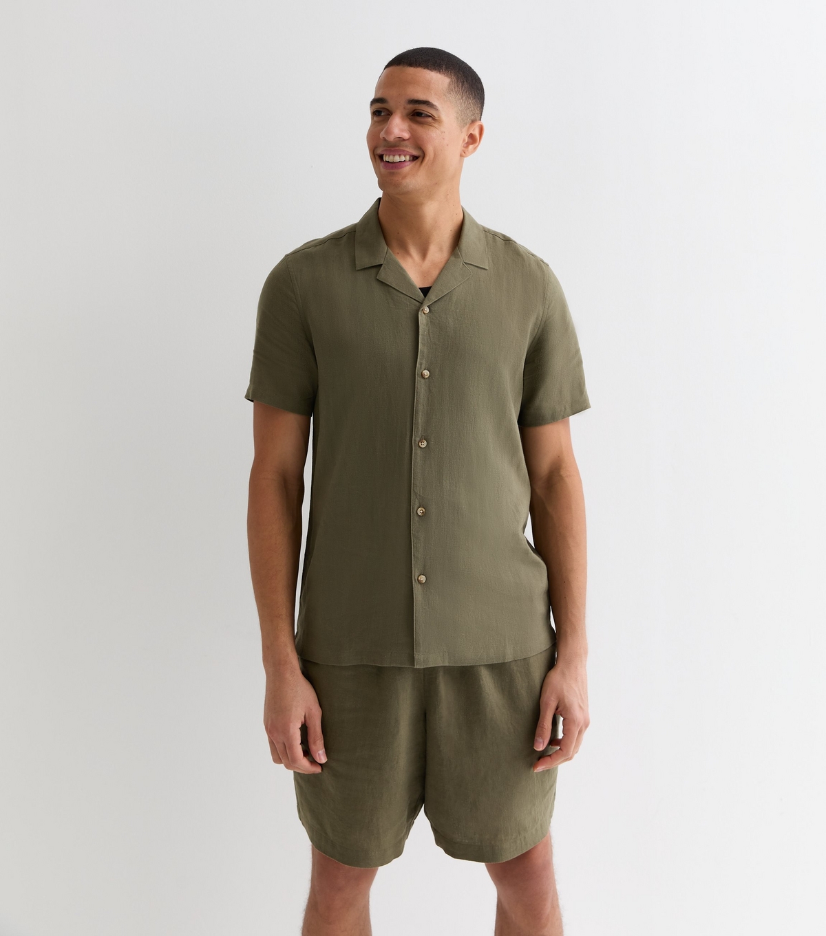 Men's Khaki Linen Blend Short Sleeve Shirt New Look