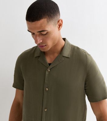 Men's Khaki Linen Blend Short Sleeve Shirt New Look