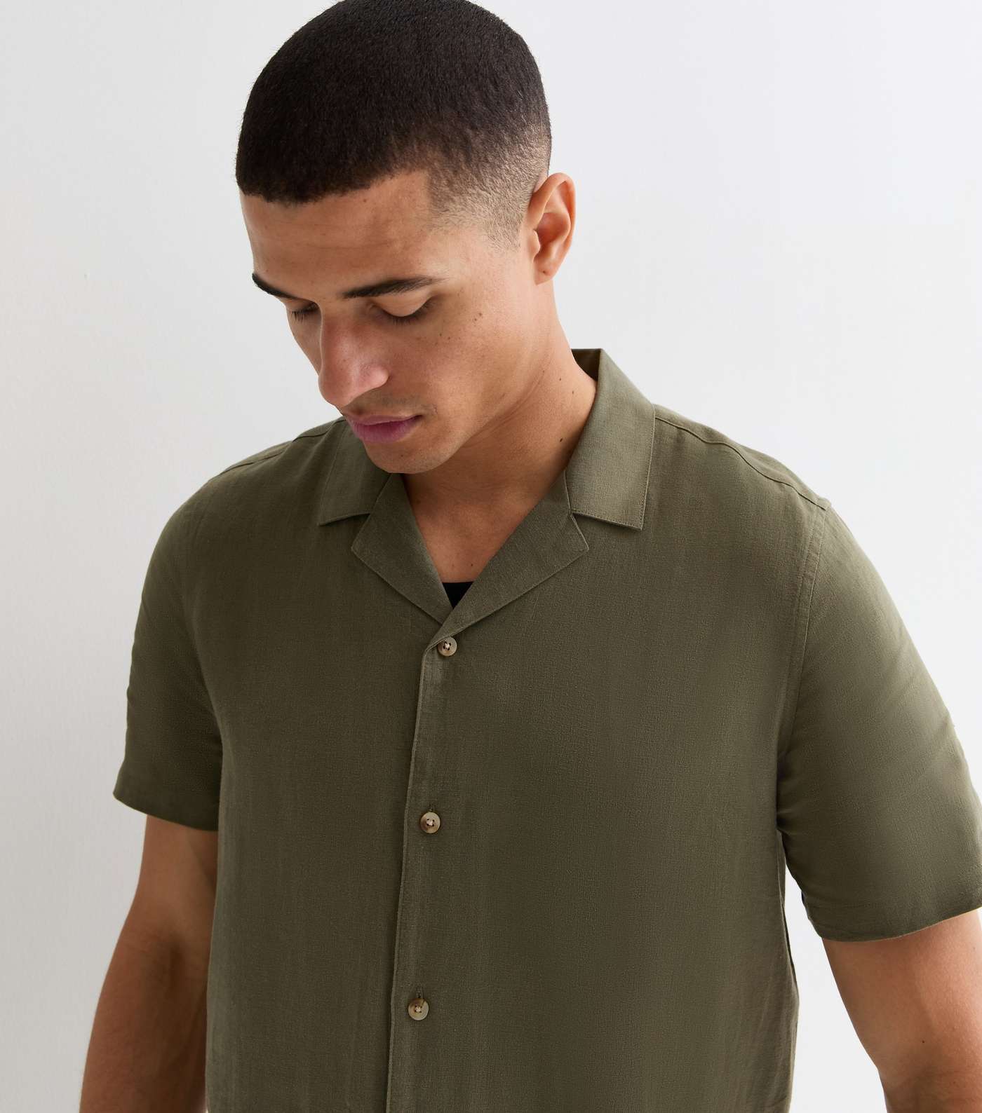 Khaki Linen Blend Short Sleeve Shirt Image 3