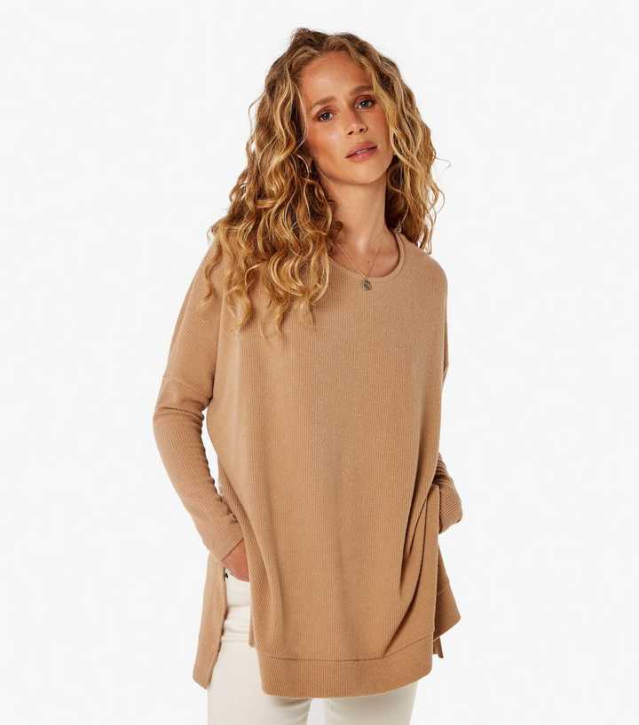 Apricot Camel Ribbed Knit Split Hem Jumper - Main Image