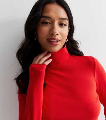 Petite Red Jersey High Neck Top