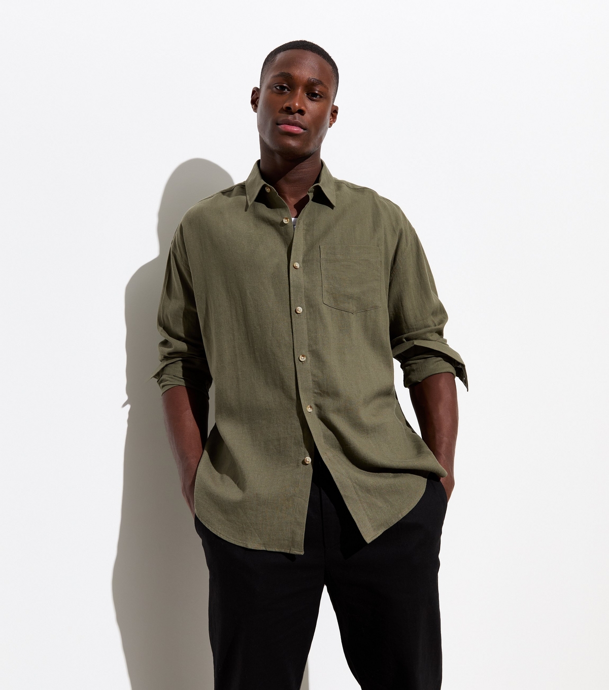 Men's Khaki Linen Blend Long Sleeve Oversized Shirt New Look