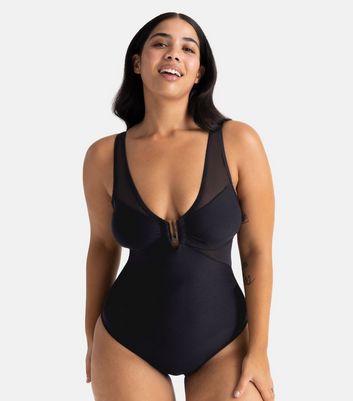 Dorina Curves Black Mesh Plunge Shaping Swimsuit New Look