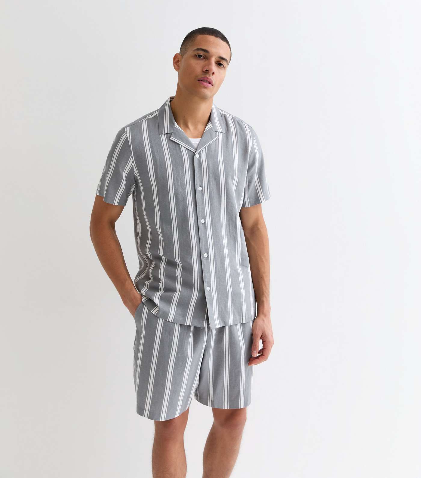 Dark Grey Linen Blend Stripe Short Sleeve Shirt Image 2