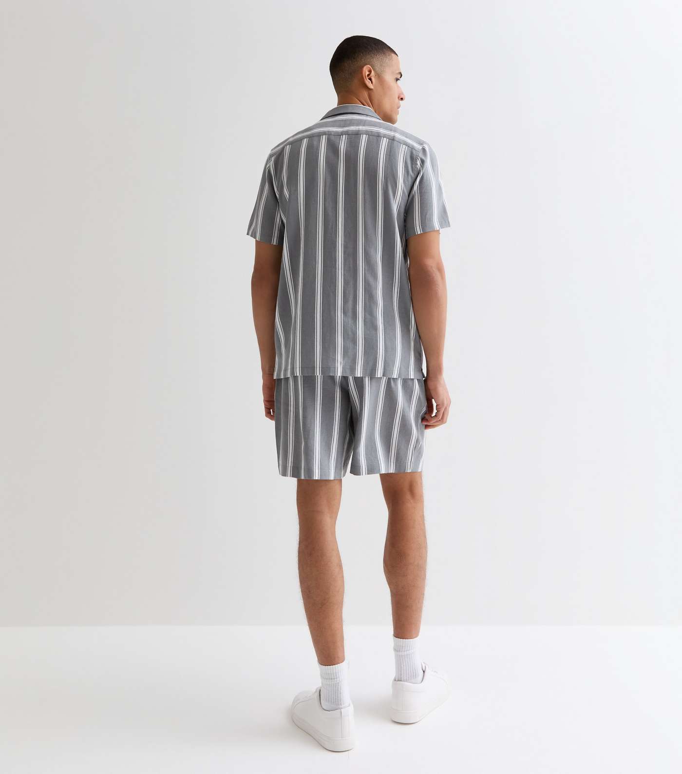 Dark Grey Linen Blend Stripe Short Sleeve Shirt Image 4