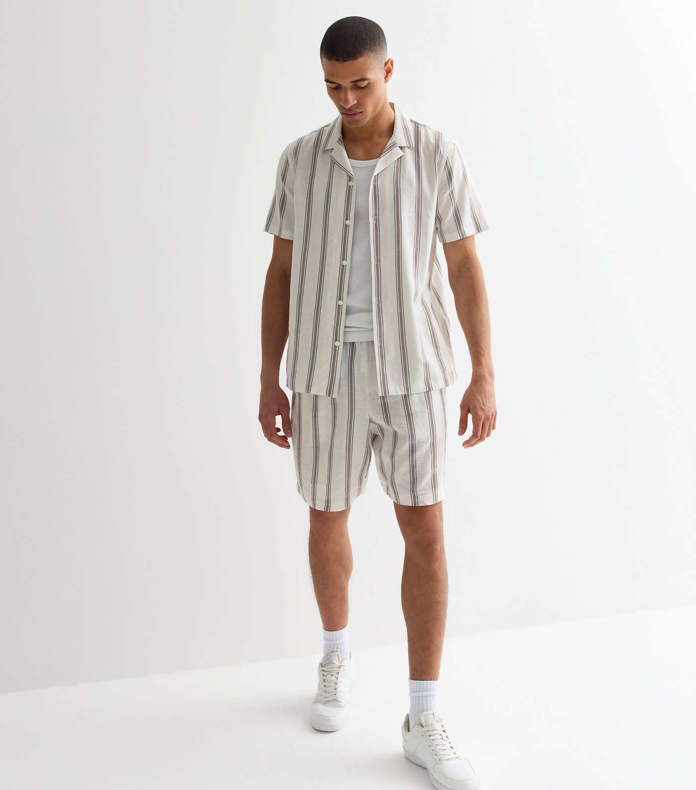 White Linen Blend Stripe Short Sleeve Shirt Image 3
