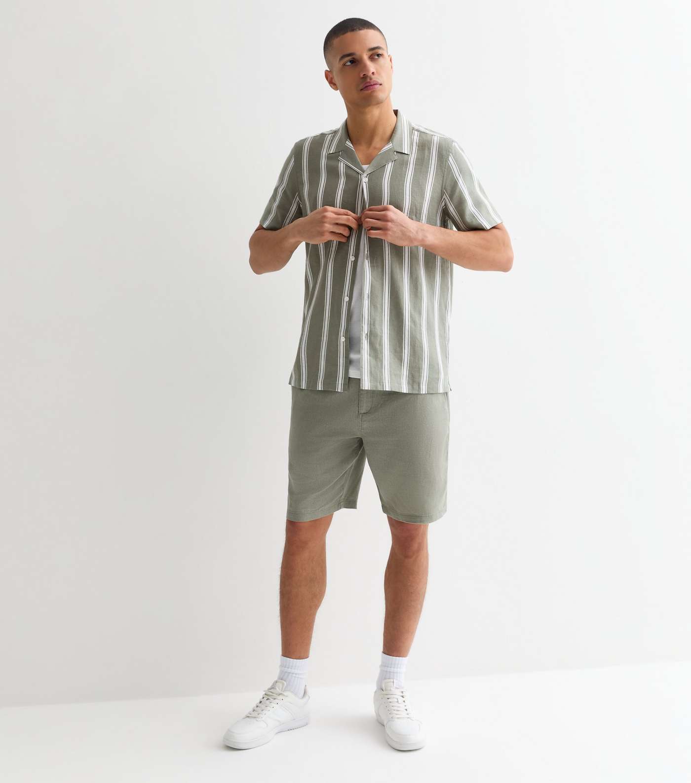 Green Linen Blend Stripe Short Sleeve Shirt Image 3