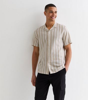 Men's Stone Stripe Linen Blend Short Sleeve Shirt New Look