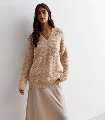 Pale Camel Stitch Knit V Neck Longline Jumper