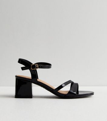 Black Patent Asymmetric Low Block Heel Sandals New Look